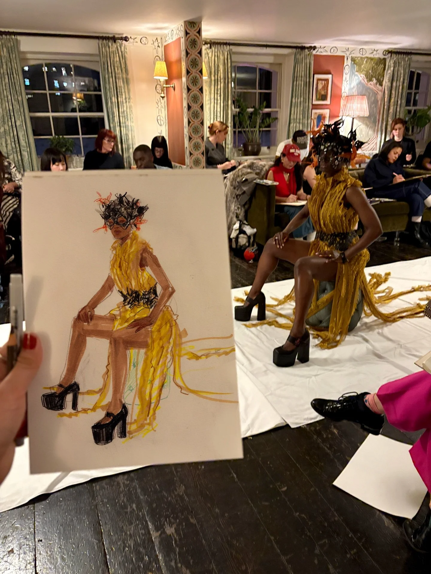 Thank you @ateliersocial_artsclub for having me host the Fashion Lifedrawing session @sohohouse to kick off London Fashion Week! Here&rsquo;s a quick one of the lovely @nifahrm wearing @karinabondlondon 🦋 I&rsquo;m using @winsorandnewton fashion mix