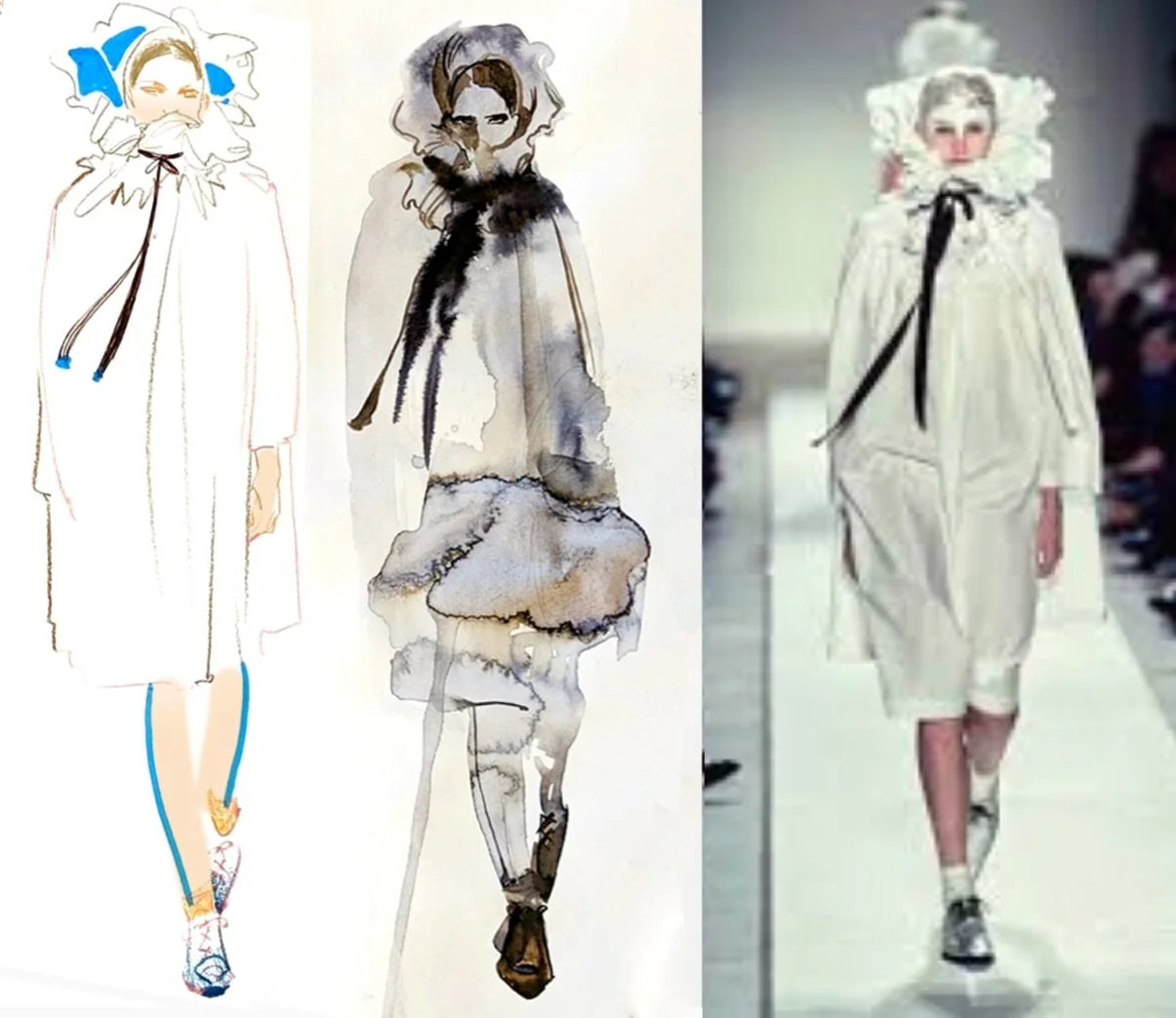 I love experimenting with different materials as I feel each tool has their own unique characteristics. Here is throwback of an example of @commedesgarcons catwalk look in pencil and makers and another version with ink 🤍 #catwalkdrawing #fashiondraw