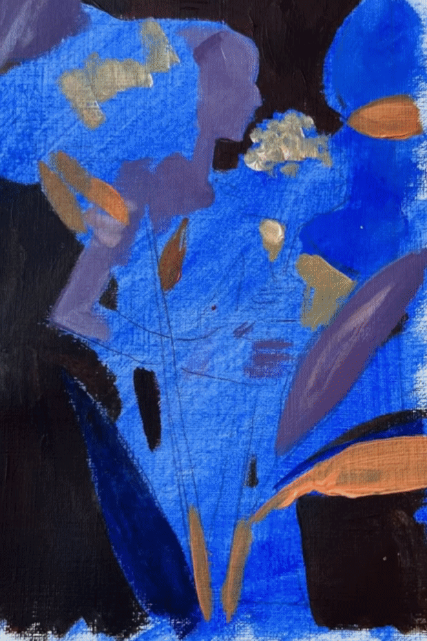 Abstract painting of a woman holding flowers with a dark background, using blue, gold, and purple tones.