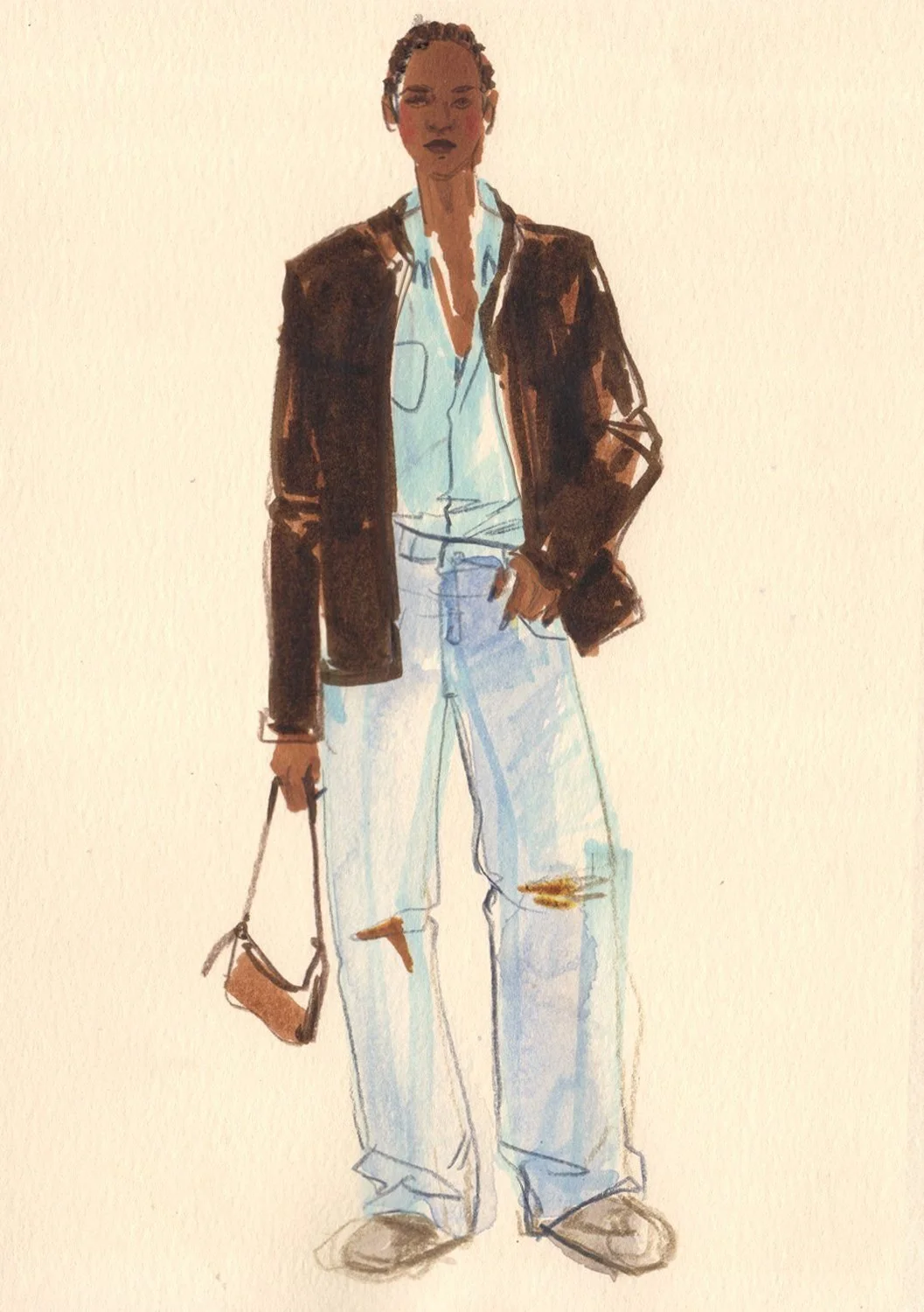 An illustration of a woman with short hair, wearing a black jacket, a light blue shirt, and ripped light blue jeans, carrying a small purse.