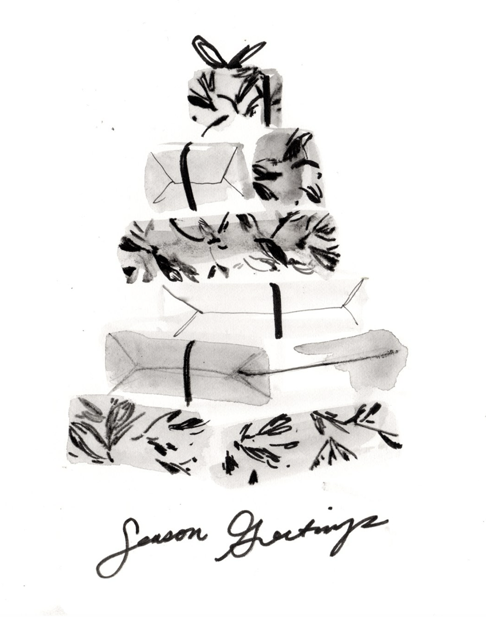A black and white watercolor illustration of a Christmas tree decorated with wrapped presents for Toteme in-store activation