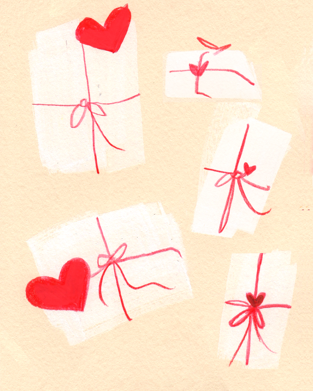 Five hand-drawn sketches of gift boxes with red hearts and ribbons on beige background.