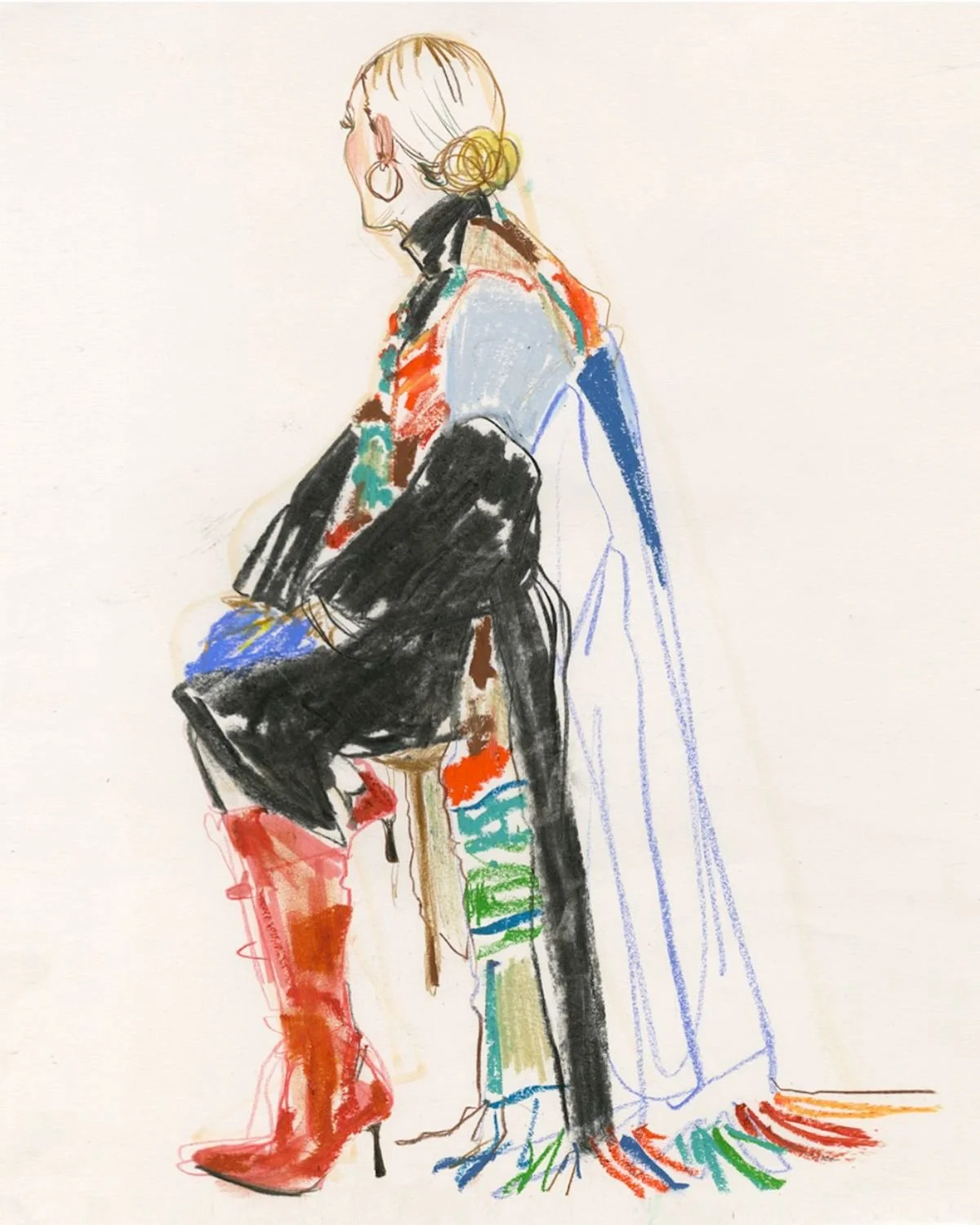 Fashion illustration of a woman sitting in profile, wearing a colorful stole, red high-heeled boots, and earrings, with a blue coat draped over the chair.
