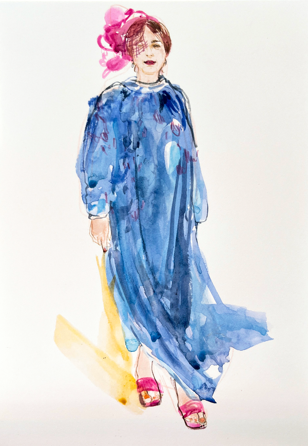 Watercolor illustration of a woman walking in a blue dress with pink hat and pink shoes.