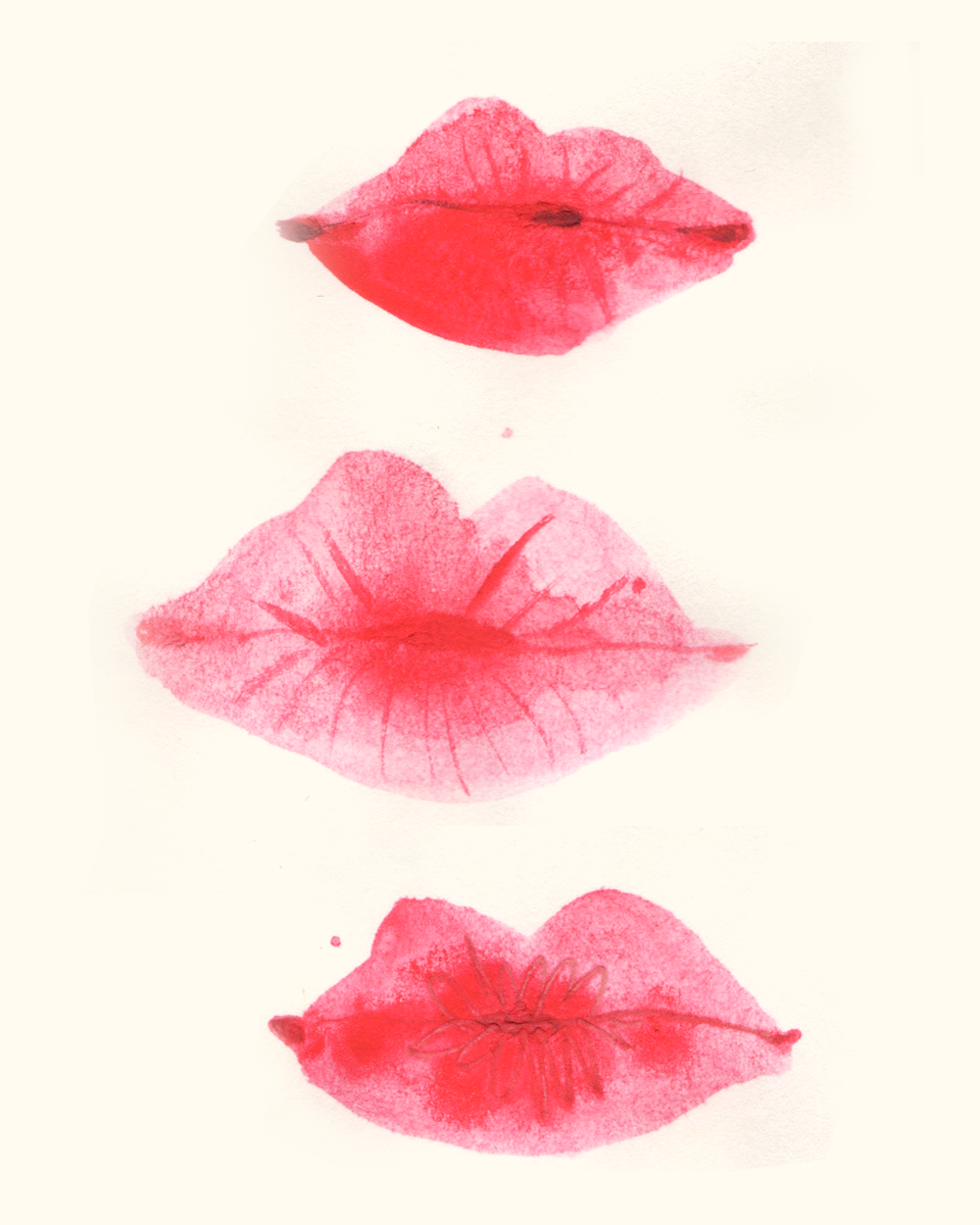 Three sets of pink lipstick marks on white paper, arranged vertically.
