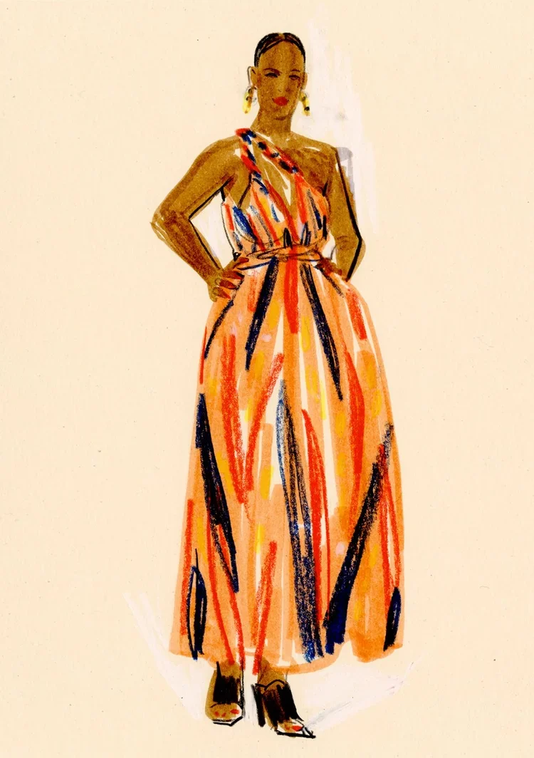 Fashion illustration of a woman in a colorful, striped sleeveless maxi dress with a high slit, wearing high heels and earrings.