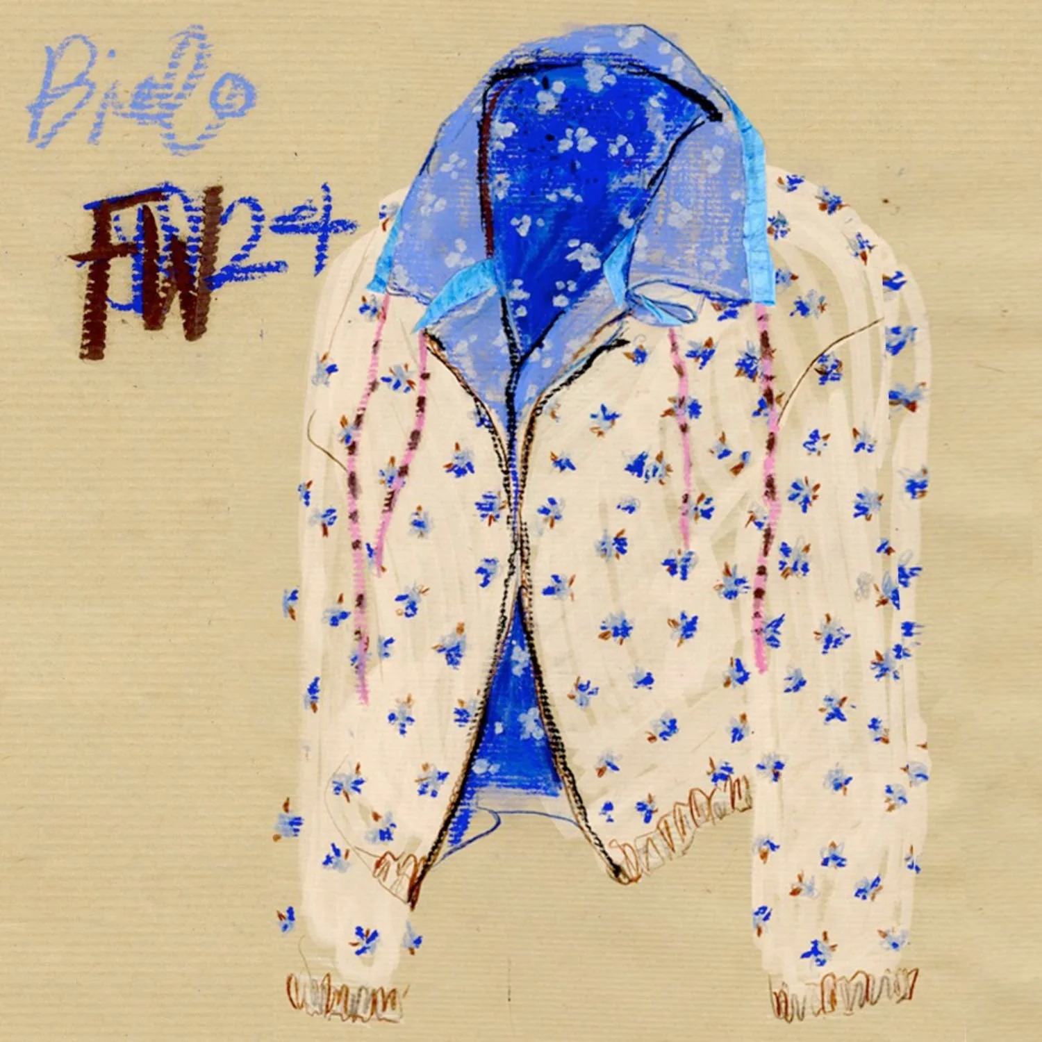 A person wearing a blue hooded jacket with a floral patterned white outer layer with pink tassels. Handwritten notes and labels in blue and brown ink are visible on the beige background.