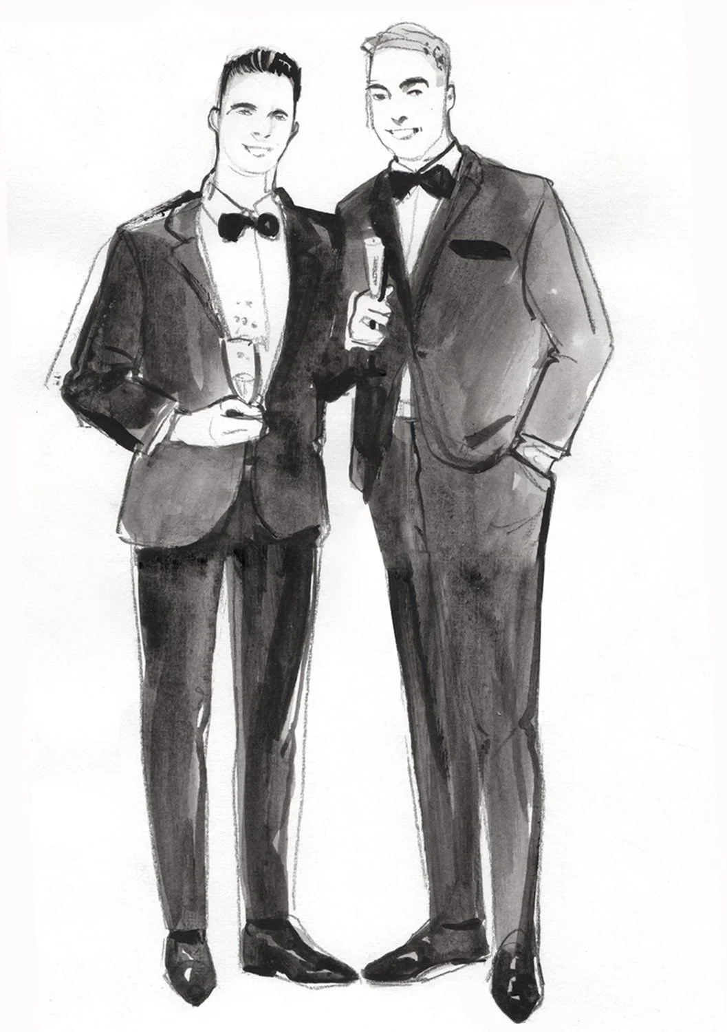 Black and white sketch of two men in tuxedos, one holding a flute, both smiling and standing close together, with one man having his hand in his pocket.