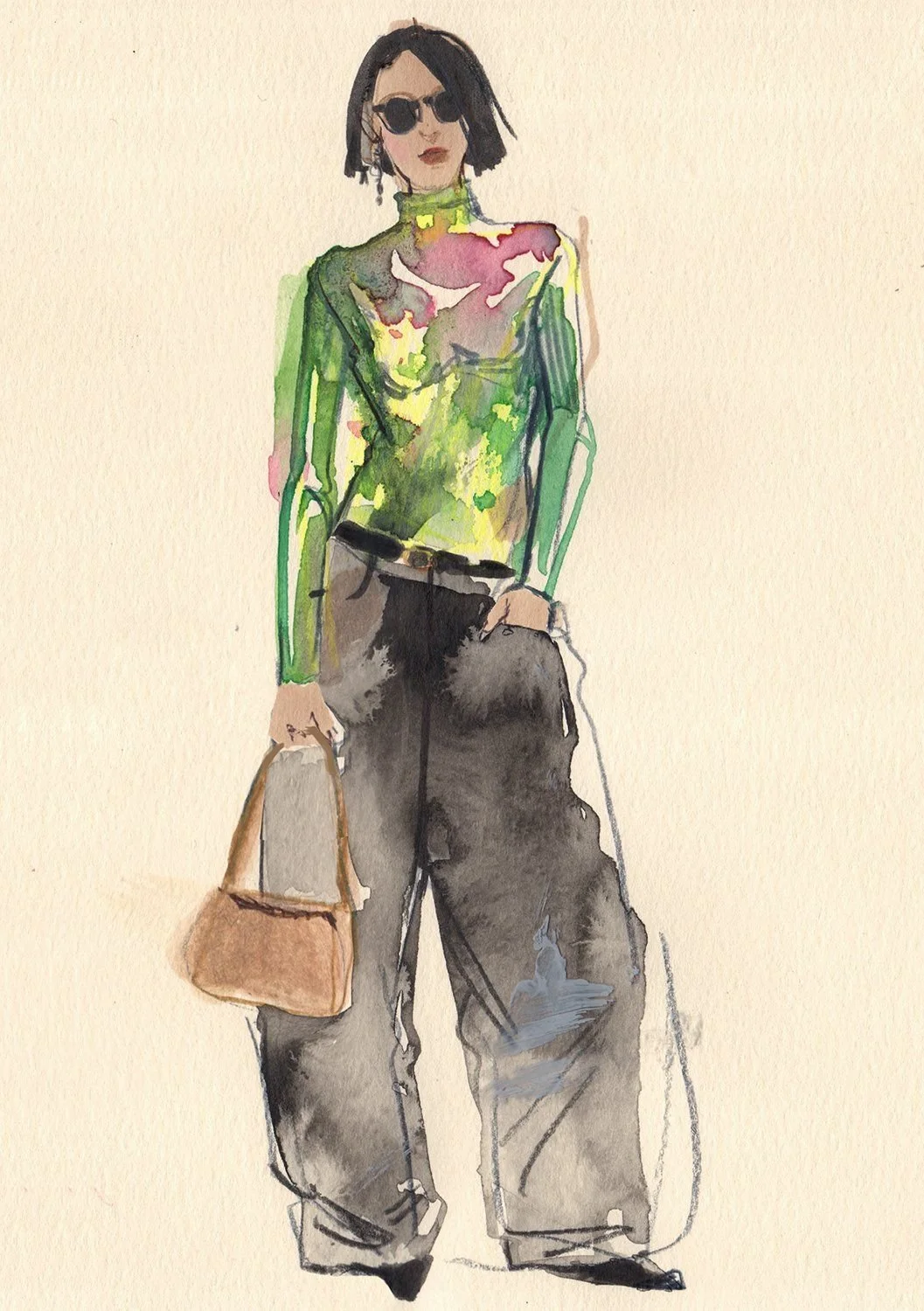 Watercolor illustration of a woman with short dark hair, wearing sunglasses, a high-neck blouse, wide-leg pants, holding a brown handbag, and standing against a plain light background.