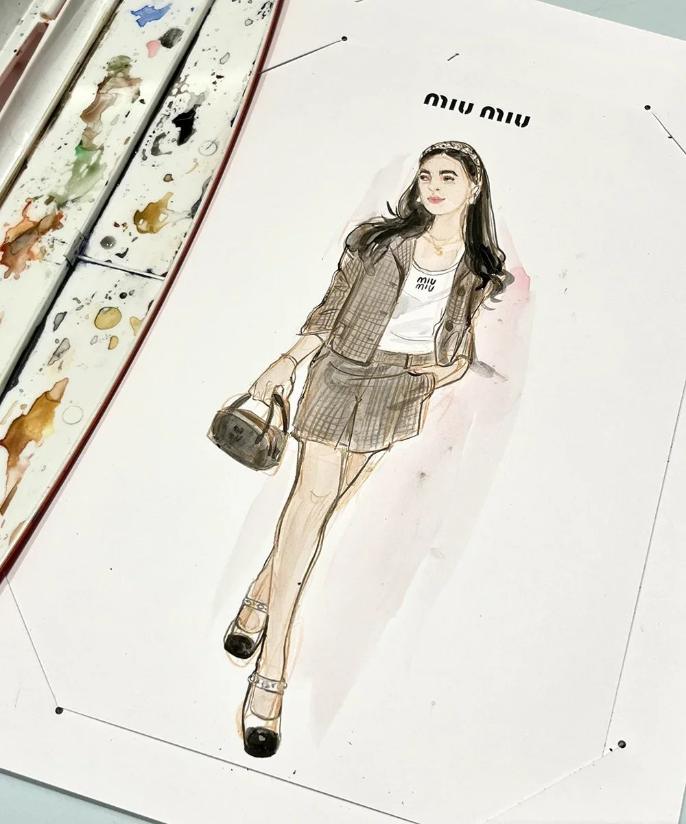 Fashion illustration of a woman in a plaid blazer and shorts, holding a handbag, with the Miu Miu logo above.
