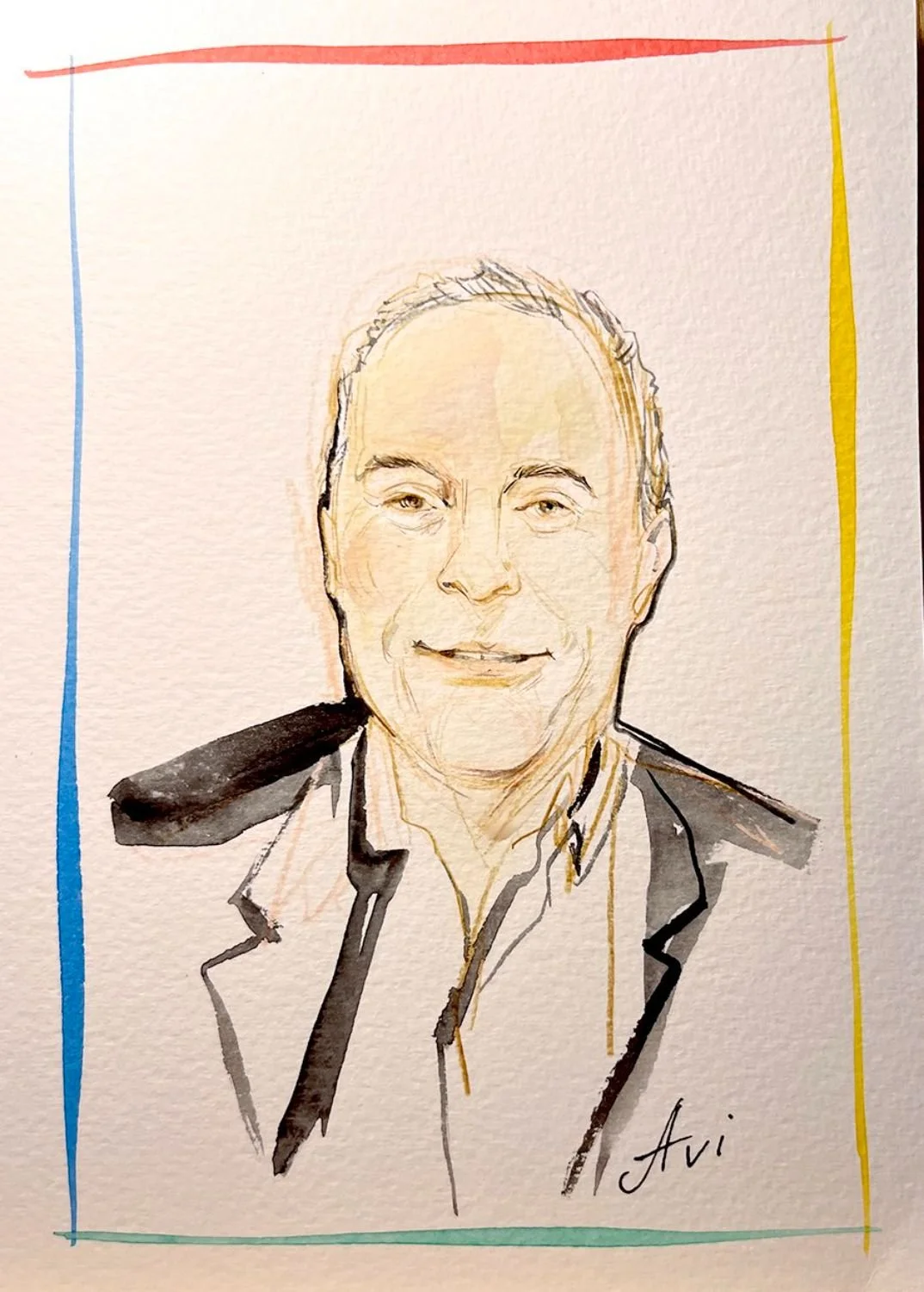 A watercolor portrait of a smiling man with short hair, wearing a jacket, signed 'Avi' at the bottom right corner, with a colorful border of red, blue, yellow, and green lines.