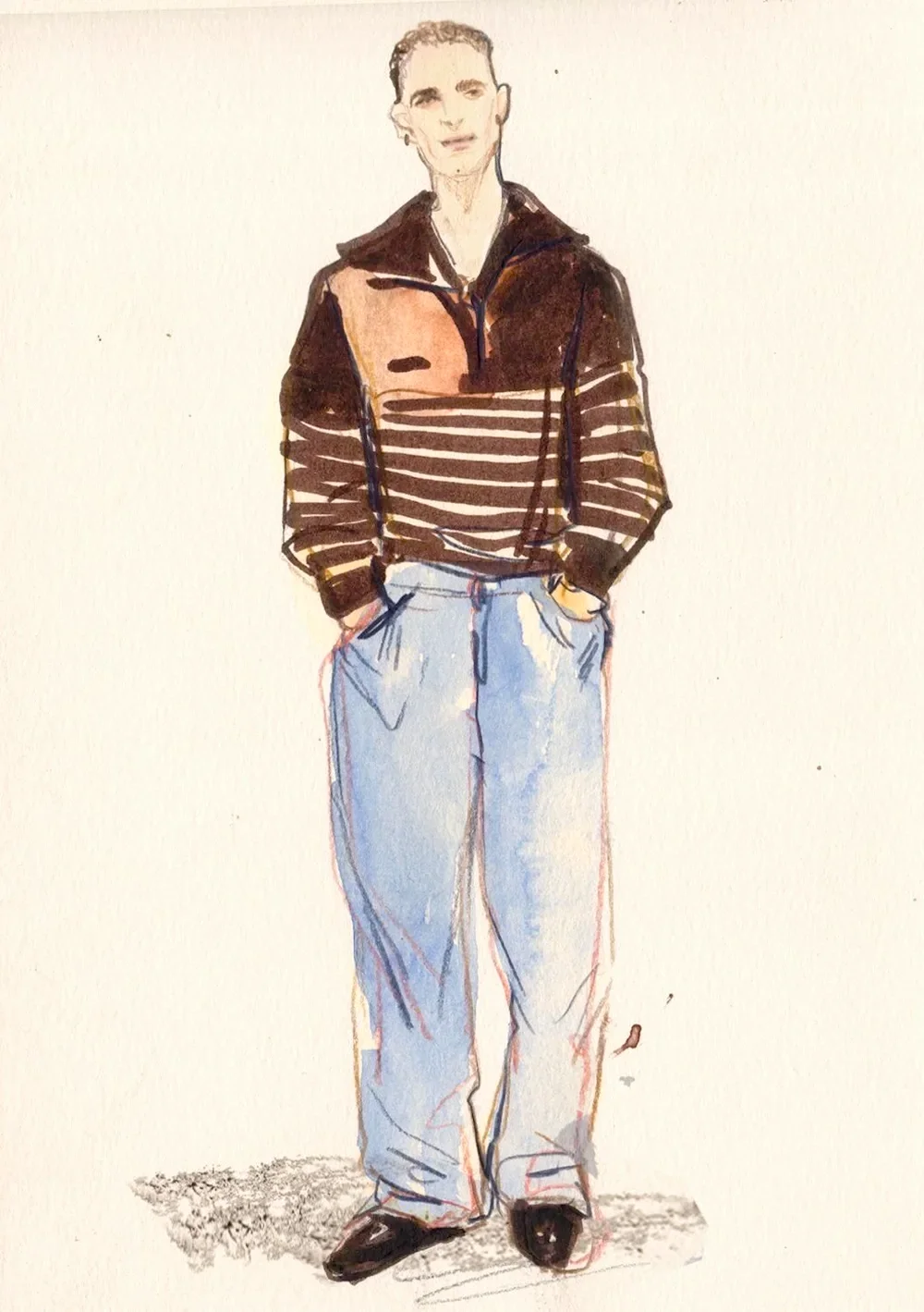 A watercolor illustration of a woman standing with her hands in her pockets, wearing a black and brown striped hoodie, light blue loose-fitting jeans, and black shoes, with a neutral expression on her face.