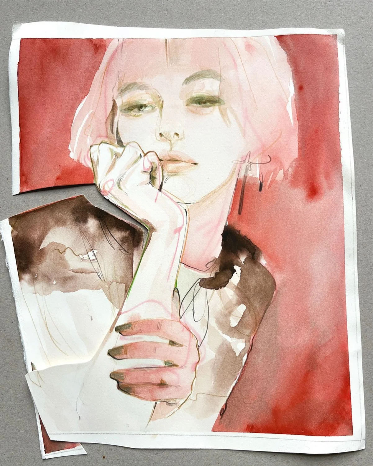 Watercolor portrait of a woman with pink hair, resting her chin on her hand, with a contemplative expression, set against a red background.
