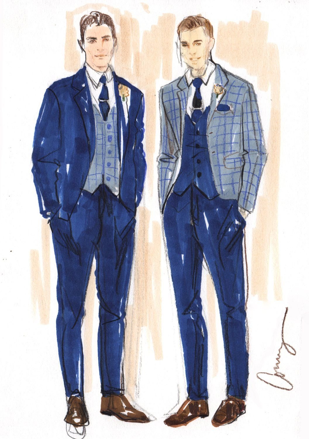 Illustration of two men dressed in blue suits with plaid patterns, standing side by side with one hand in their pockets.