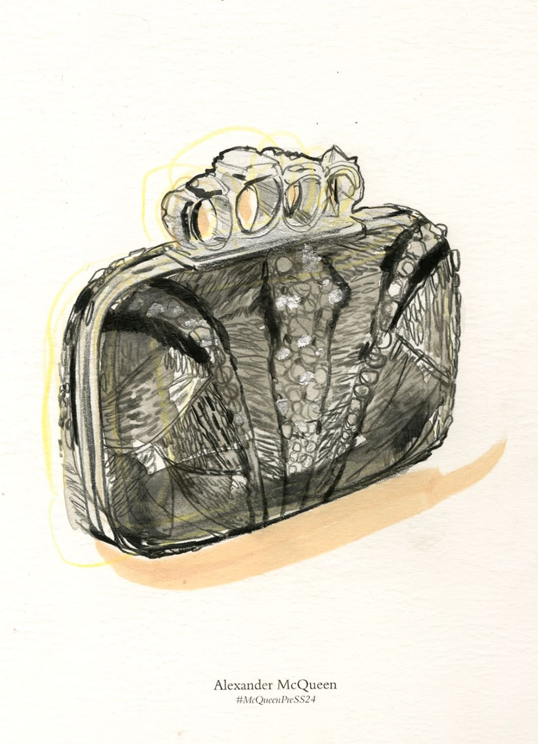 Sketch of a vintage camera with four lenses on top, with shading and details, signed by Alexander McQueen.