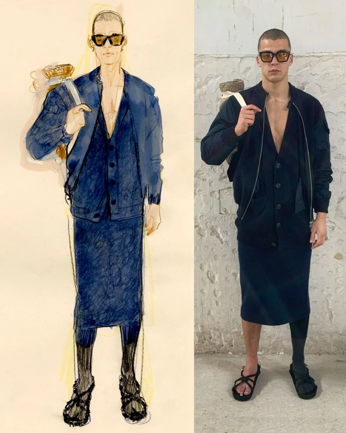 Side-by-side comparison of a fashion illustration and a real person, both wearing black sunglasses, a black jacket, a black skirt, sandals, and carrying a bag.