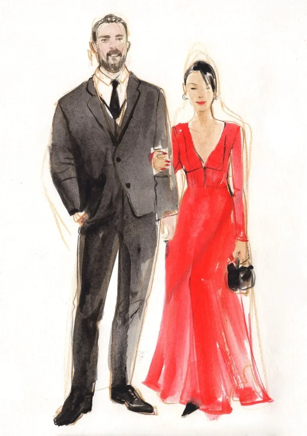 Watercolor illustration of a man in a dark suit and a woman in a red gown standing together.