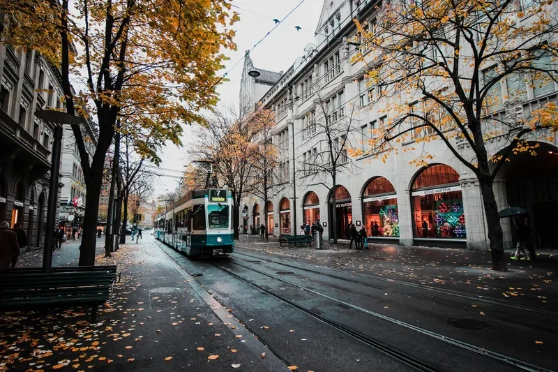 Street scene with a tram running along tracks, lined with shops and trees with autumn leaves, in a city on a rainy day.