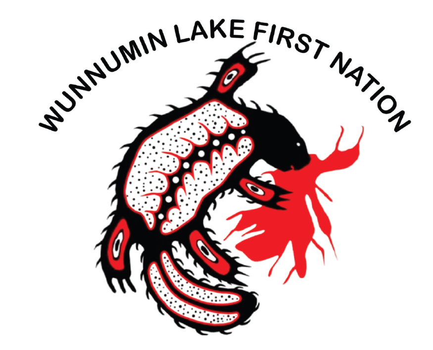 A stylized illustration of a fish with a red and black design, biting a red heart, with text above that reads 'WUNJUNNUMIN LAKE FIRST NATION'.