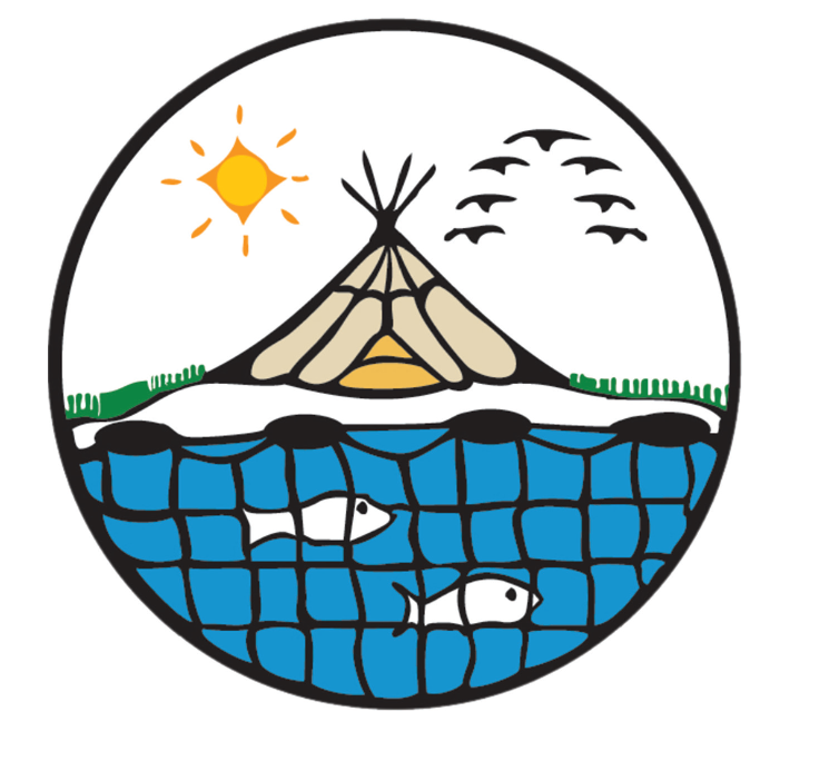 A circular illustration of a natural landscape featuring a volcano, birds flying in the sky, a shining sun, a grassy foreground, and two fish swimming in a blue water body.