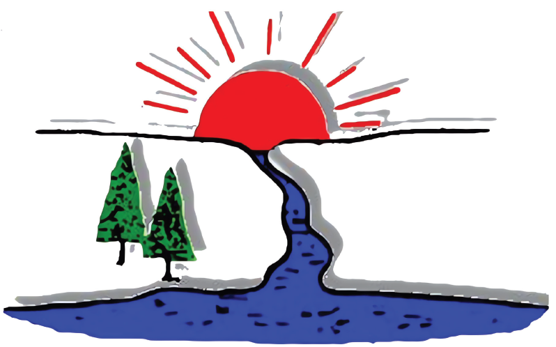 Simple cartoon drawing of a sunrise over mountains, with a river flowing from the mountains into a lake, and two green trees beside the river.