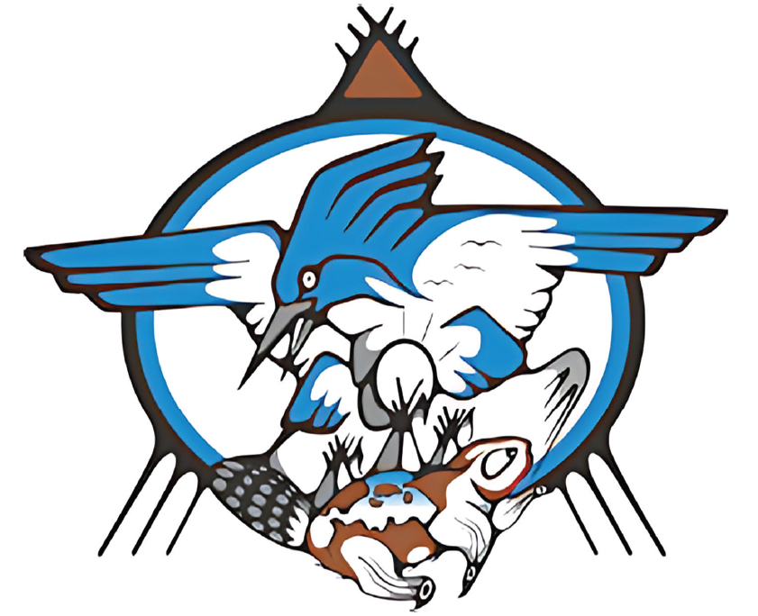 Emblem featuring a blue and white bird, possibly a kingfisher, swooping with a fish in its beak, set against a circular background with additional smaller birds and a fish.