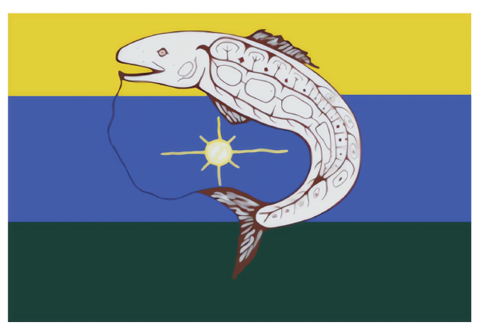 Flag featuring a fish with a skull and seeds design, with yellow, blue, and green horizontal stripes as background.