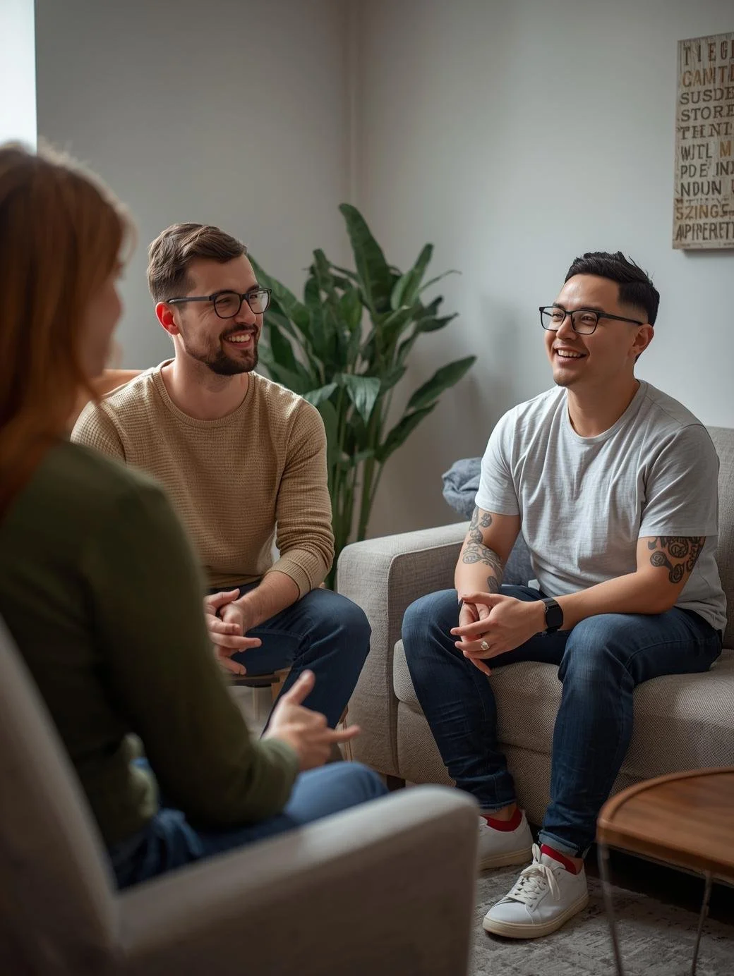 Four people sitting and talking in a cozy living room, smiling. There is a large plant in the background, and a wall hanging with text.
