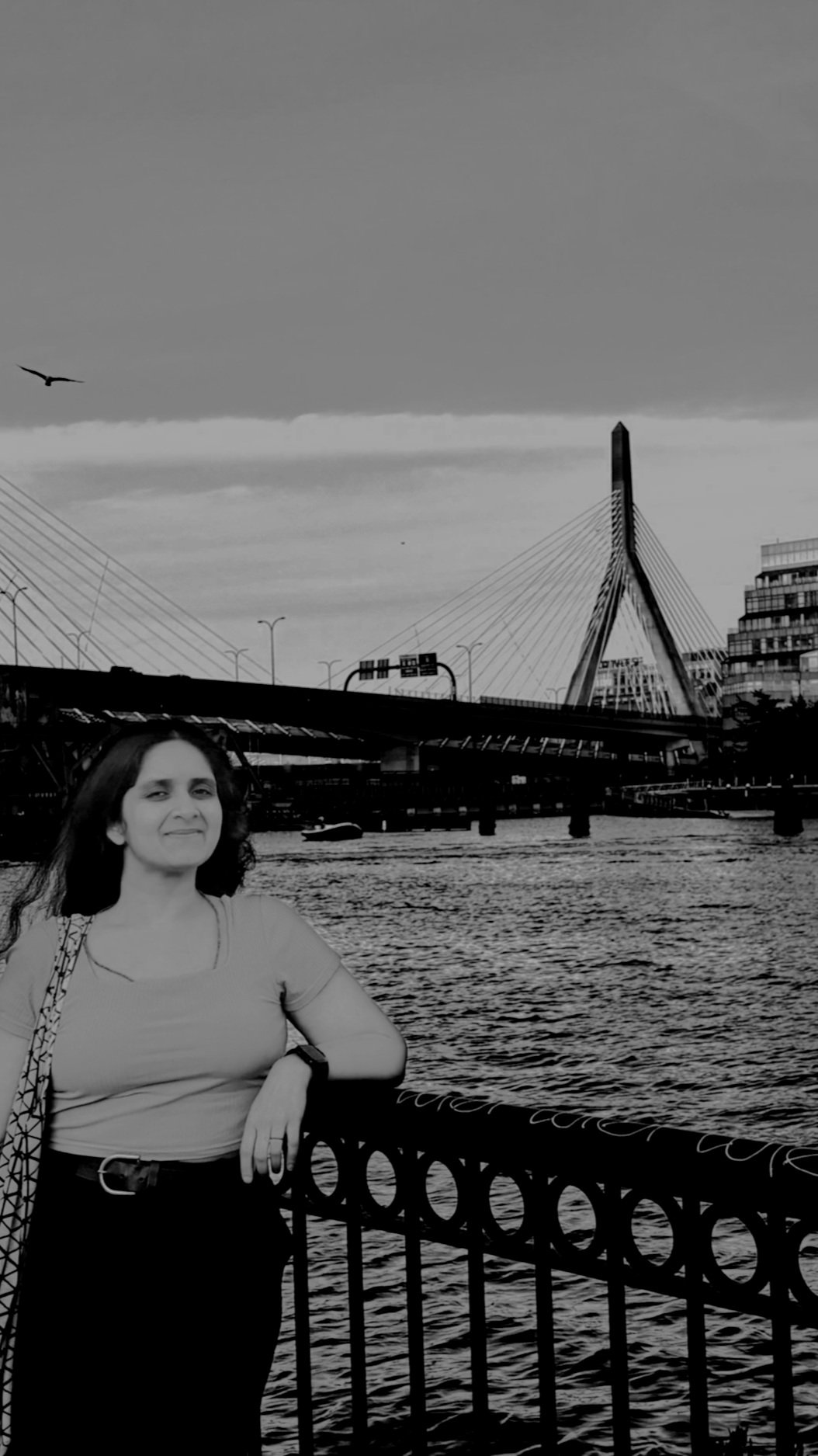 A woman leaning on a black wrought-iron railing by a river or water body. In the background, there is a modern cable-stayed bridge with a tall central pylon and a cityscape with high-rise buildings. A bird is flying in the sky above the bridge.