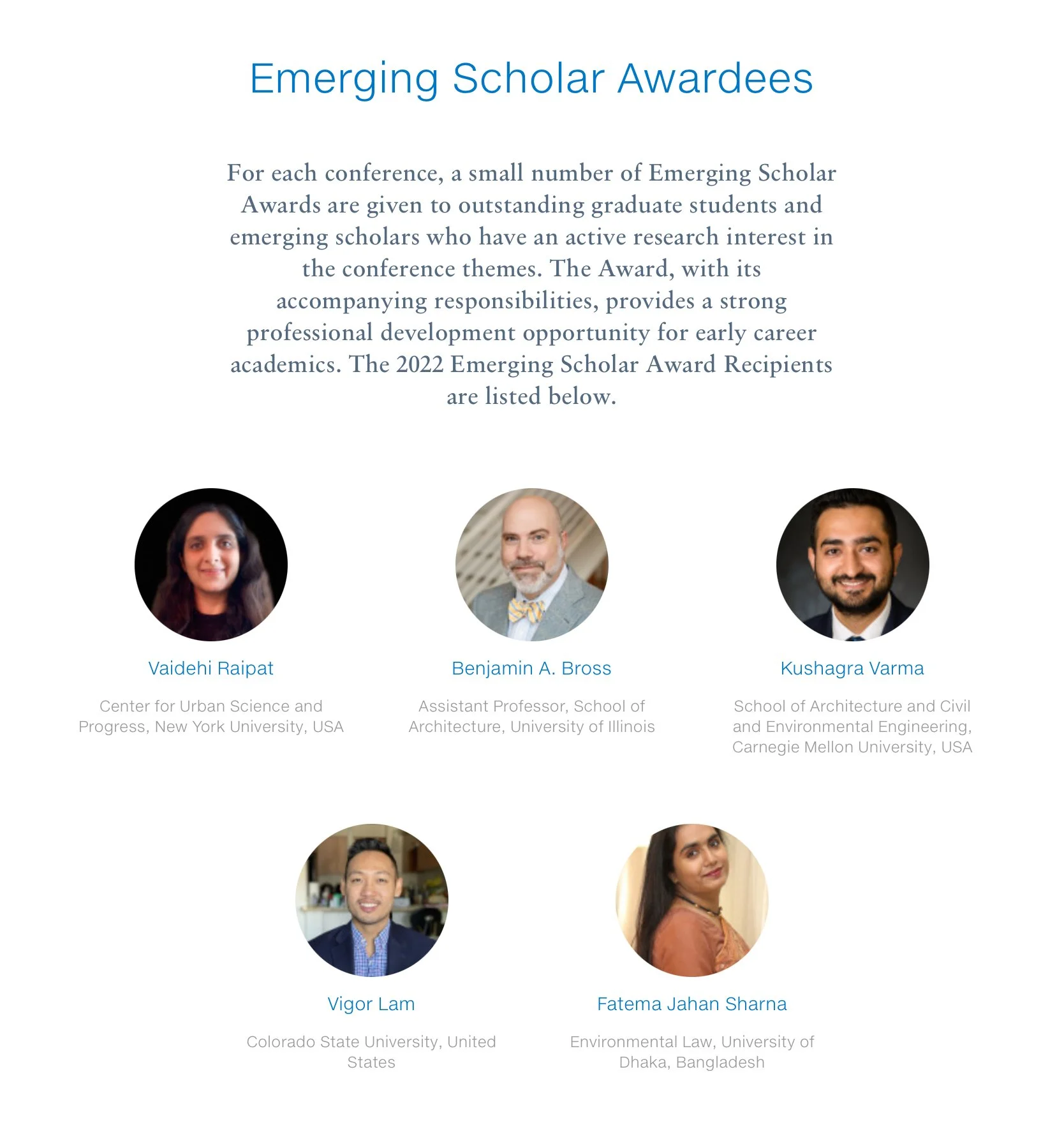 A webpage displaying the 'Emerging Scholar Awardees' section, featuring profiles of six academic individuals with their photos, names, and affiliations.