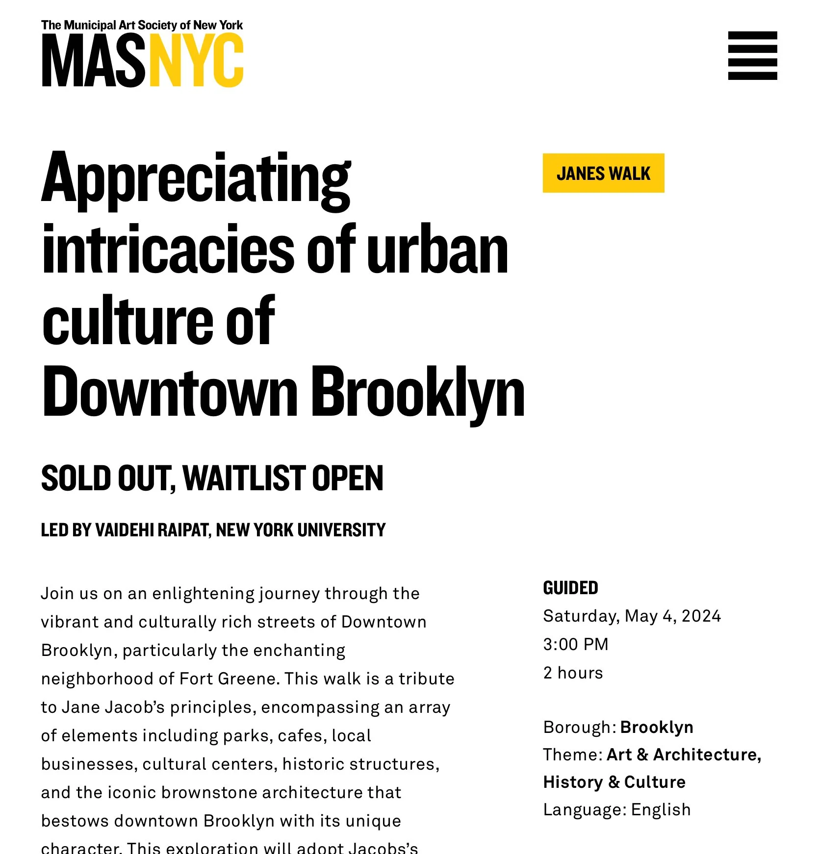 Website homepage for the Municipal Art Society of New York (MAS NY). The main headline reads: "Appreciating intricacies of urban culture of Downtown Brooklyn". Additional text includes details about an upcoming guided walk event led by Vaidehi Raipat from New York University, scheduled for Saturday, May 4, 2024, at 3:00 PM, lasting 2 hours, with a focus on Brooklyn's art, architecture, history, and culture.