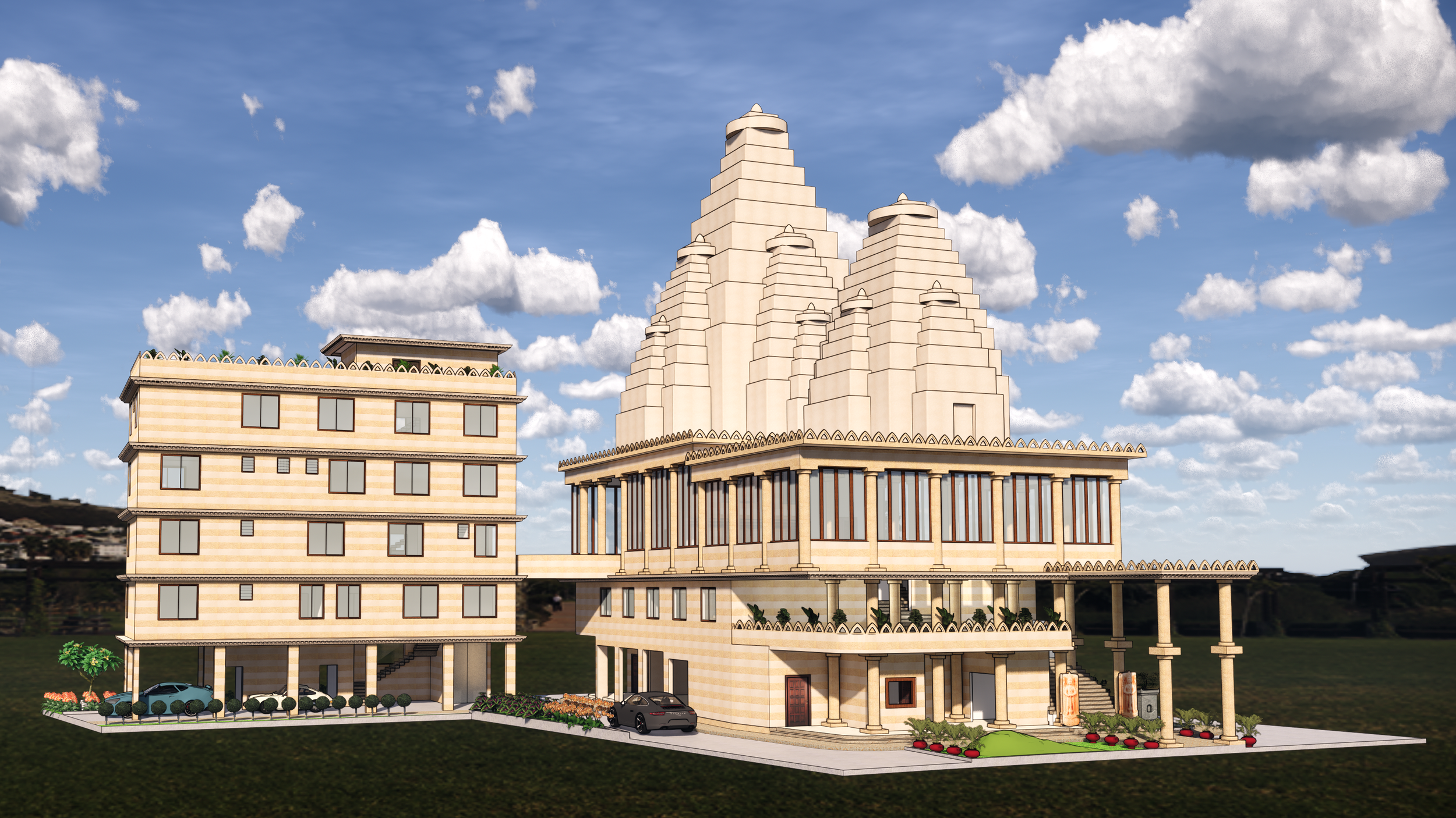 A large temple-like building with a stepped tower in the center, surrounded by a multi-story modern building, both with beige and brown details, under a partly cloudy sky.