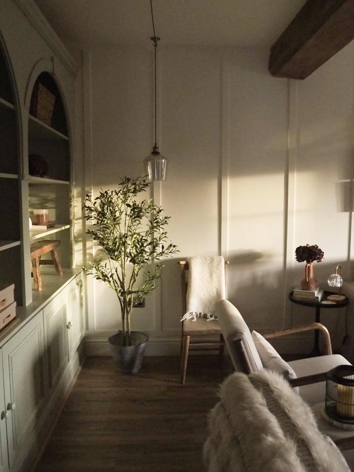Characterful room with built-in shelving, an exposed beam and an olive tree