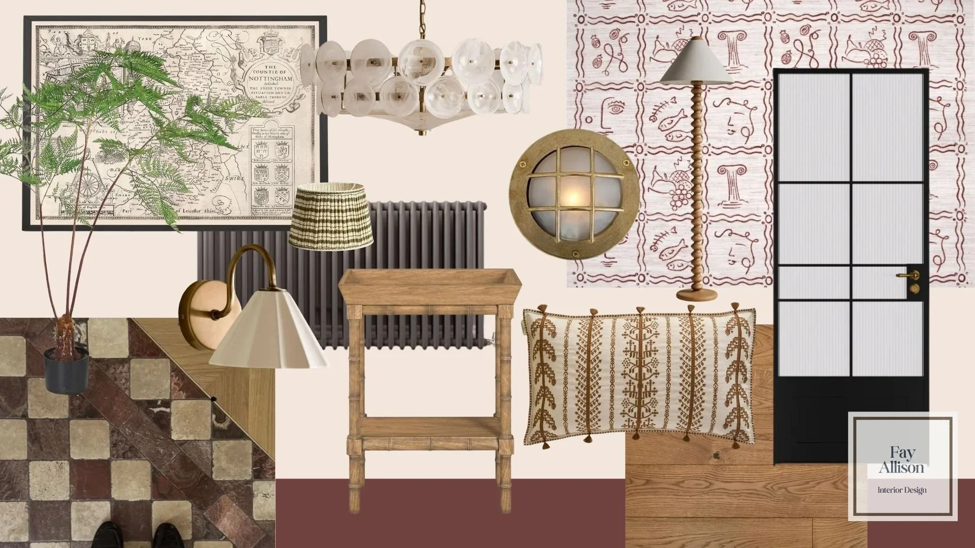 Interior design moodboard for a Nottingham city centre apartment by Fay Allison — checkerboard tiled hallway with burgundy patterned wallpaper, vintage map artwork, and warm layered textures.