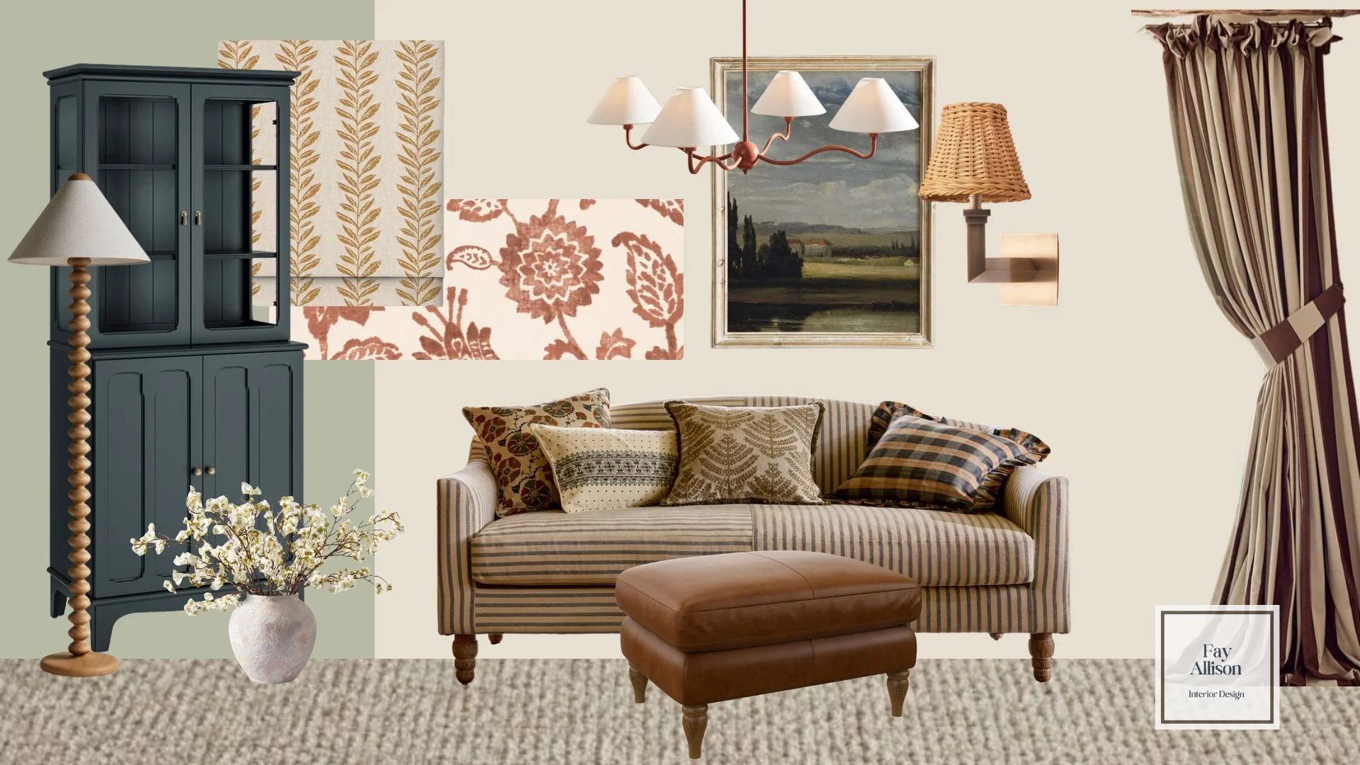 Interior design mood board with navy dresser, striped sofa and botanical fabrics