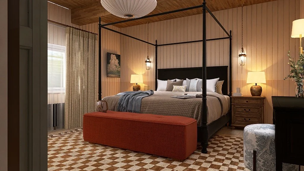Panelled bedroom with a black four-poster bed, terracotta bench and checkerboard floor, Nottinghamshire interior design