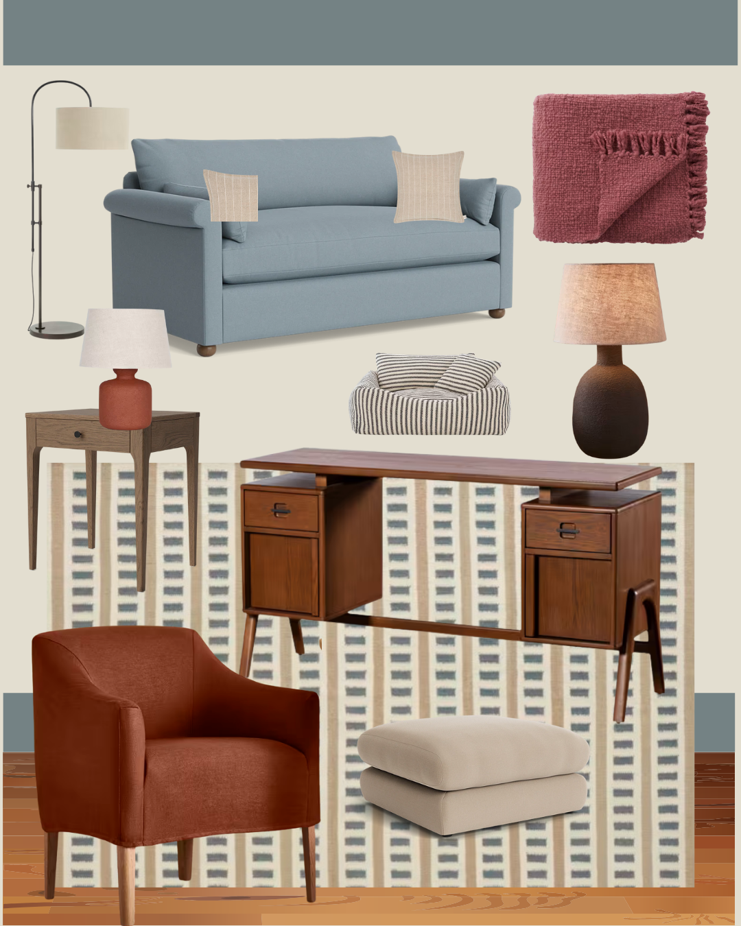 Mid-century home office mood board with walnut writing desk, dusty blue sofa and rust leather armchair, Fay Allison Interior Design E-Design