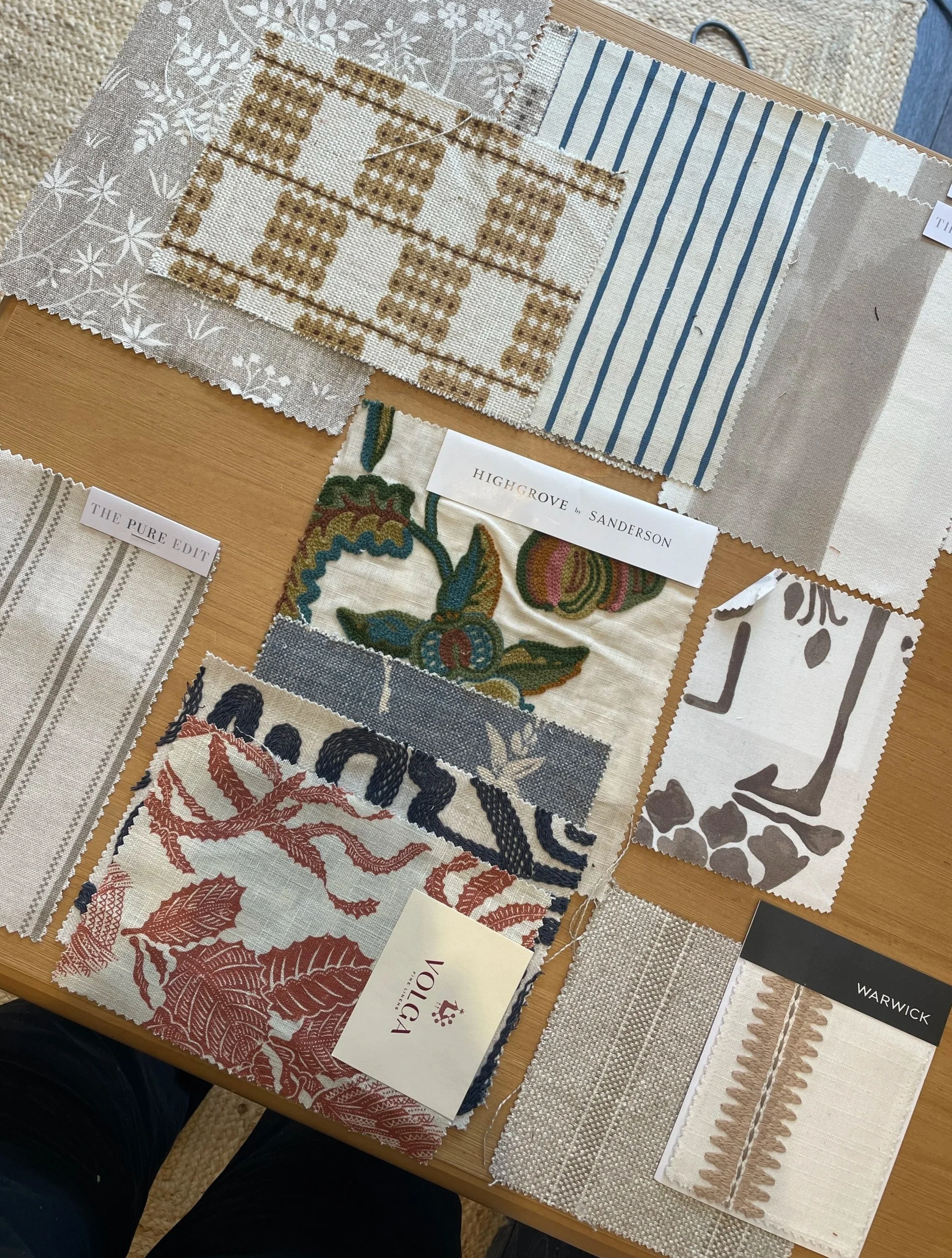 Fabric and textile samples from leading UK design houses including Sanderson, Volga Linen and Warwick — used by Fay Allison Interior Design for Nottingham and Derbyshire residential projects.