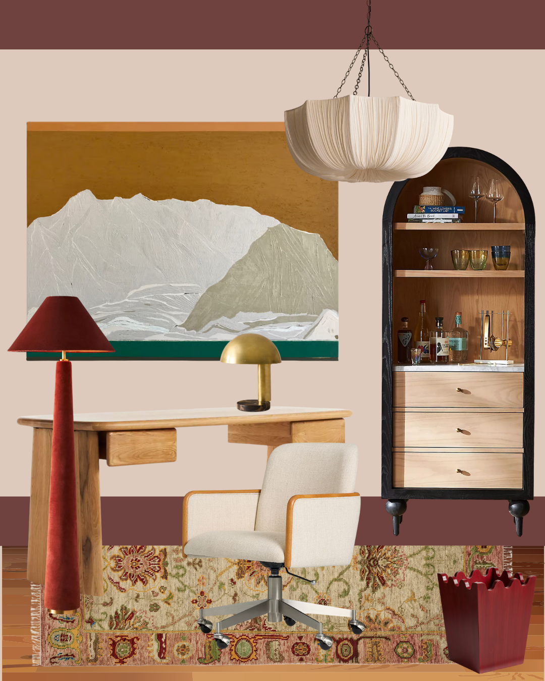 Eclectic study mood board with terracotta walls, mountain landscape art, arched drinks cabinet and bouclé desk chair, Fay Allison Interior Design E-Design