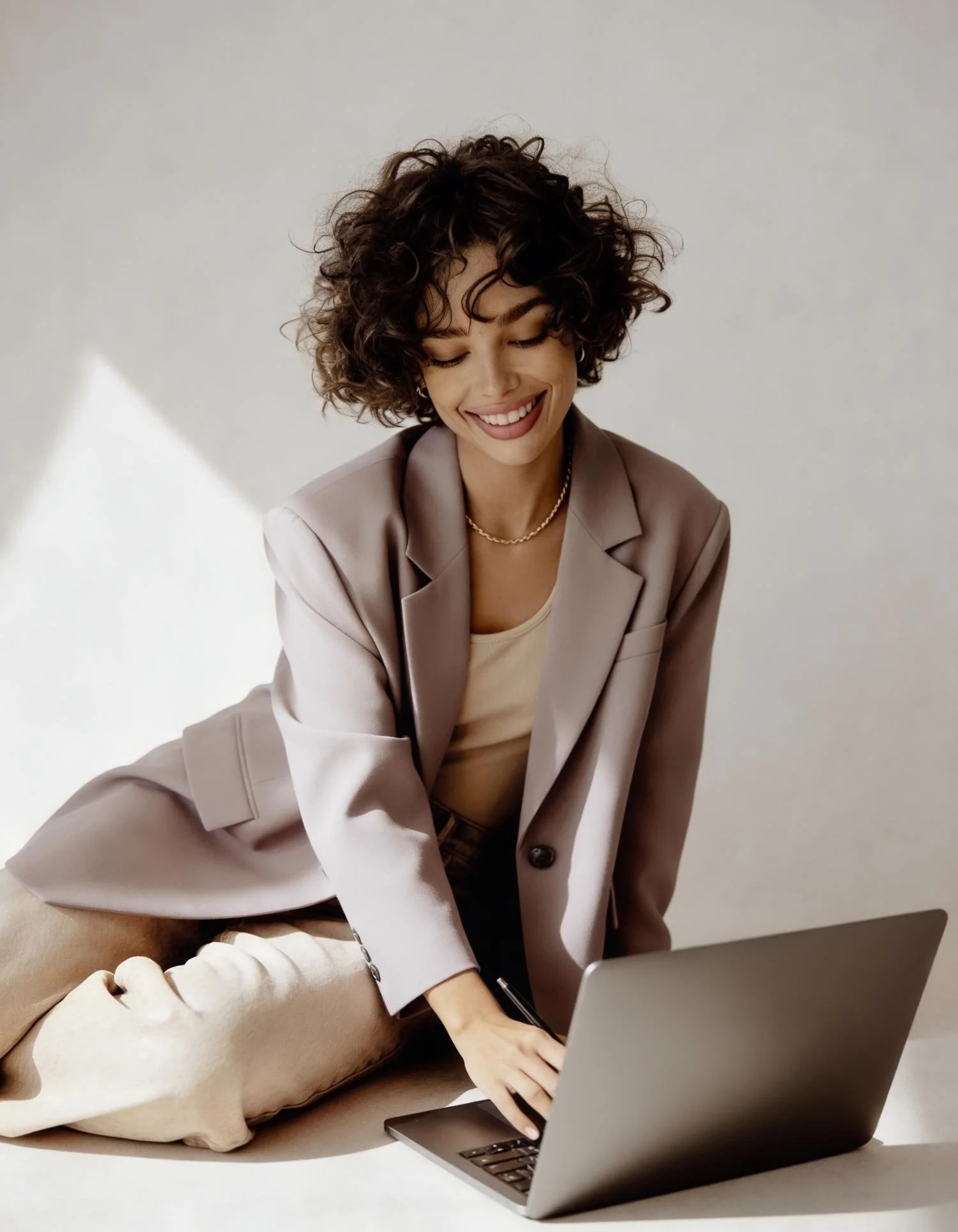 Person sitting cross-legged on a chair using a silver MacBook laptop in a bright room with white curtains.
