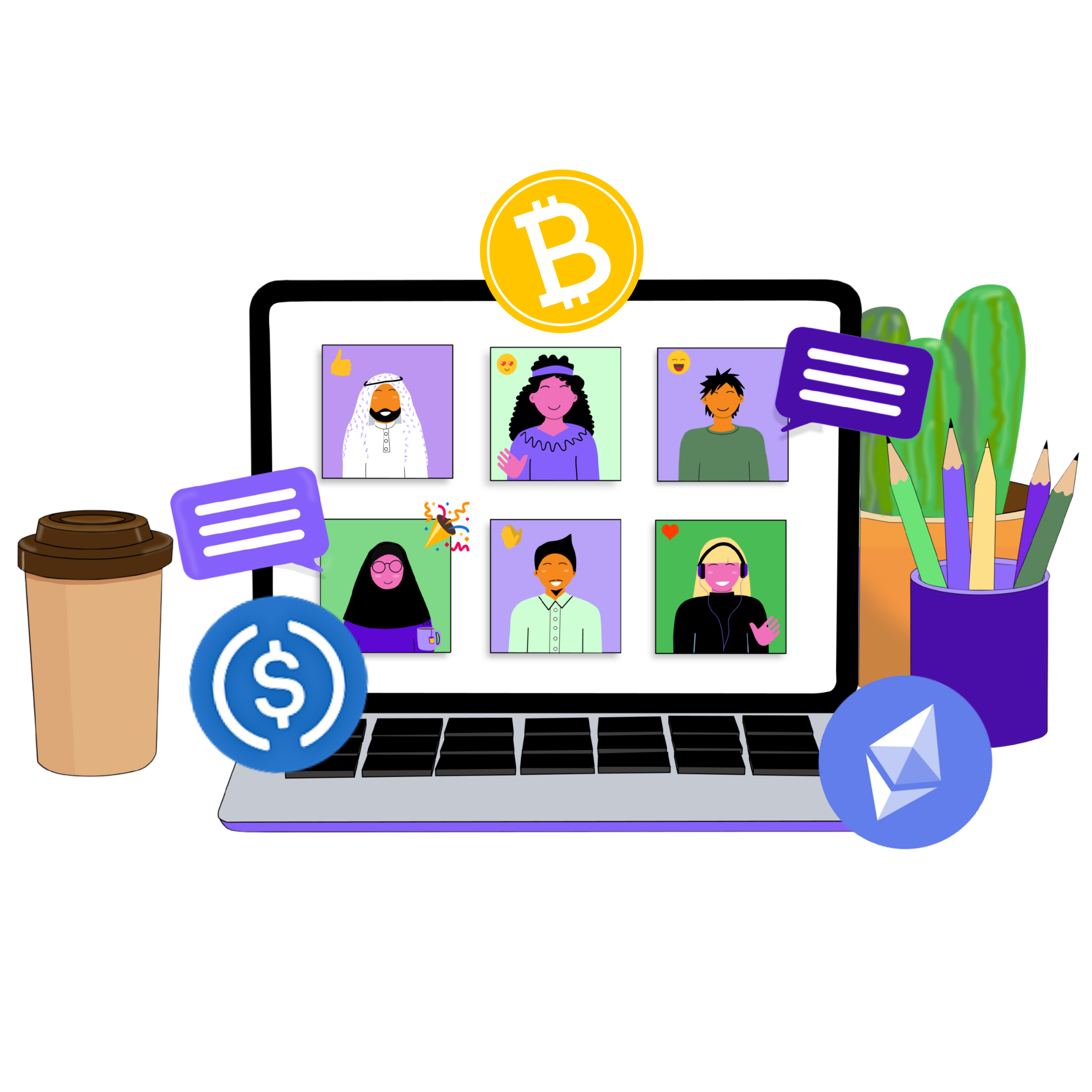 Illustration of a virtual meeting on a laptop with diverse cartoon avatars, surrounded by coffee, a dollar sign icon, Bitcoin icon, Ethereum icon, and stationery in a cup.