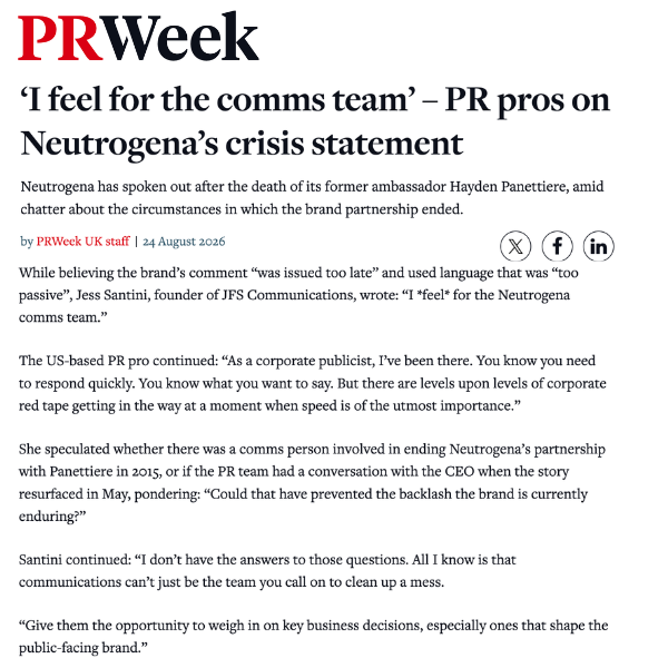 PRWeek - Jess Santini, B2B publicist & children's book author, weighs in on the controversy surrounding Neutrogena following Hayden Panetierre's passing. 