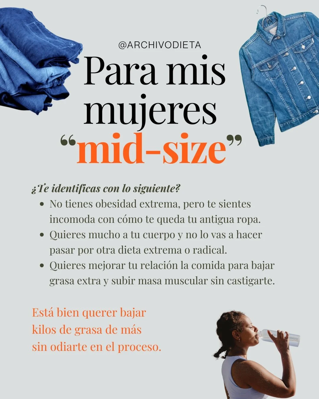 Tal vez eres midsize.
Tal vez no encajas en el &ldquo;antes y despu&eacute;s extremo&rdquo;.

Tal vez no odias tu cuerpo&hellip;pero est&aacute;s cansada de vivir control&aacute;ndolo.

Quieres bajar grasa, s&iacute;.
Quieres sentirte mejor, s&iacute