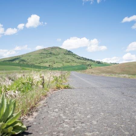 A paved road running through a grassy landscape with a hill in the background under a blue sky with white clouds.