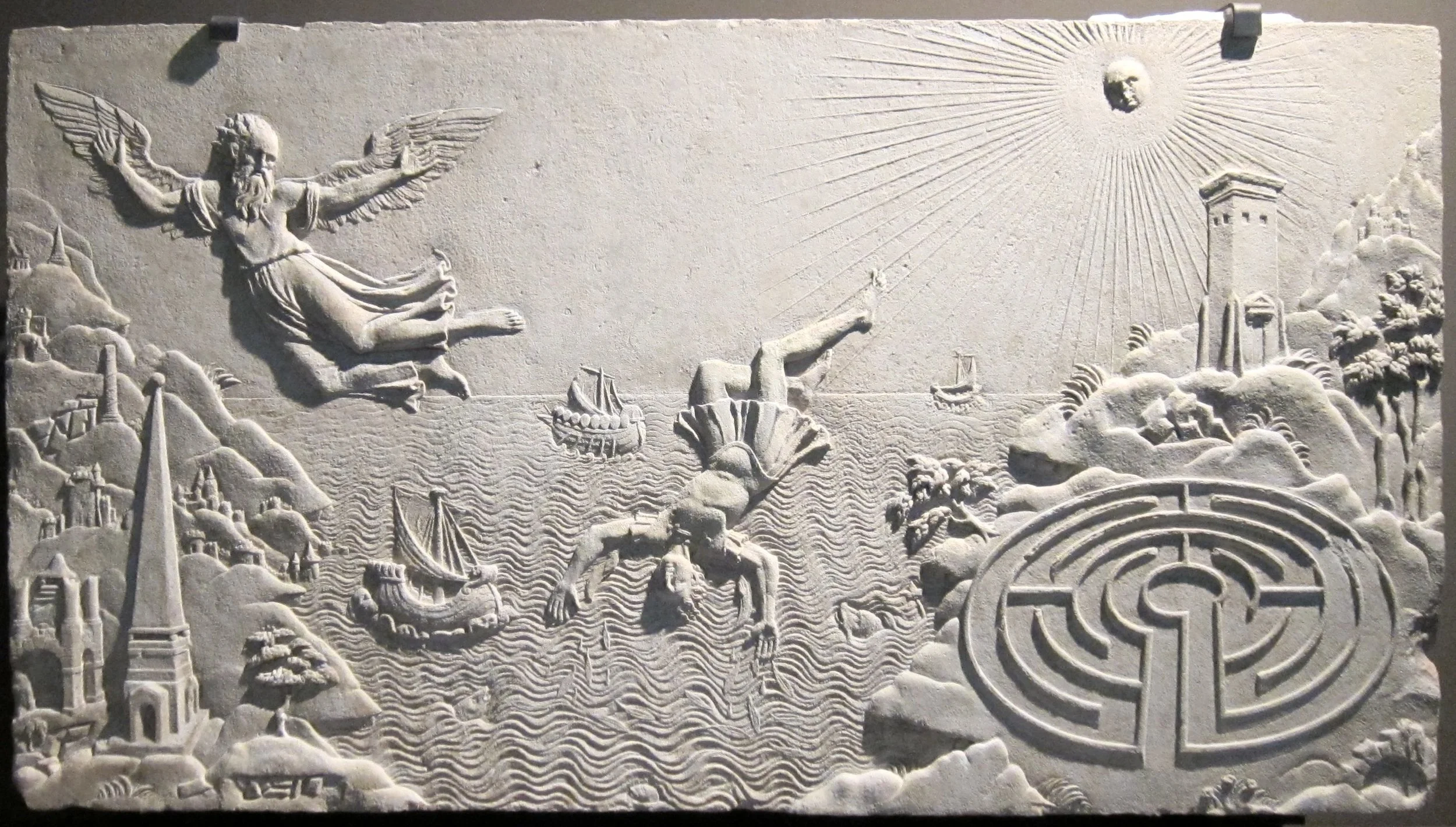 17th‑century relief of Daedalus and Icarus from the Musée Antoine Vivenel, used to evoke the mythic themes and emotional landscape of John Aylward’s Daedalus.