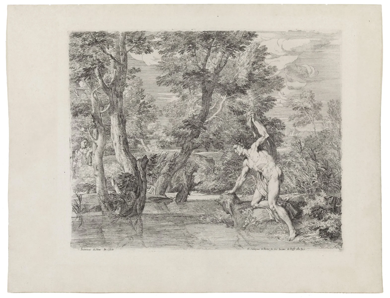 Etching of Narcissus gazing into his reflection, used to illustrate John Aylward’s Narcissus, a contemporary musical work exploring self‑perception, desire, and the myth’s psychological depth.