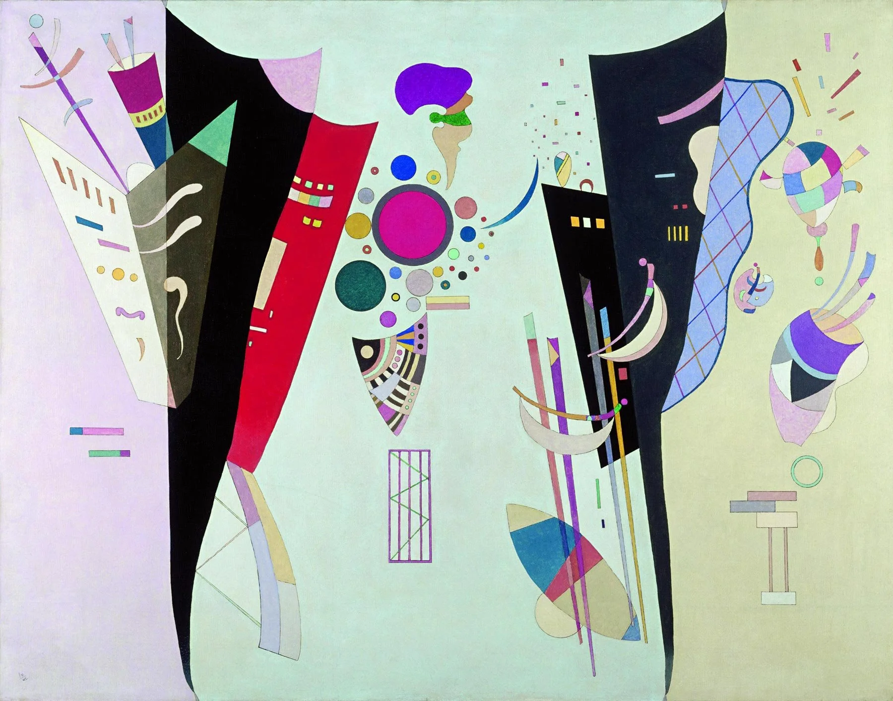 Wassily Kandinsky’s Reciprocal Accords, illustrating John Aylward’s Reciprocal Accord, a theme‑and‑variations work where instrumental colors blend into unified textures or stand in bold contrast, echoing Kandinsky’s balance of harmony and opposition.