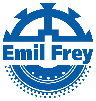 Ein blauer Logo mit dem Text "Emil Frey", umgeben von einem kreisförmigen Design mit Linien und Punkten.