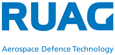 RUAG Logo mit Unternehmensname und Slogan 'Aerospace Defence Technology' in Blau und Schwarz