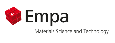 Ein Logo mit einem roten Würfel, einem weißen Kreuz oben, und den Worten 'Empa Materials Science and Technology'.